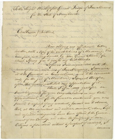 Letter from George Washington to the Right Worshipful Grand Lodge of Free Masons for the state of Maryland — 1798-11-08