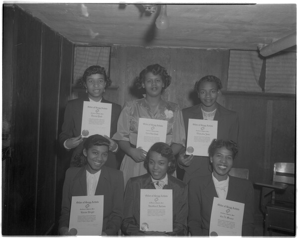 Group portrait of six women with ‘Order of Gregg Artists’ certificates — 1951-05