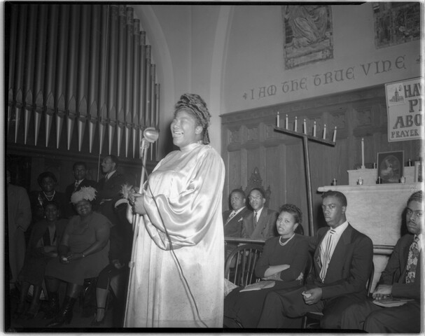 Mahalia Jackson performing at a church — circa 1949-02