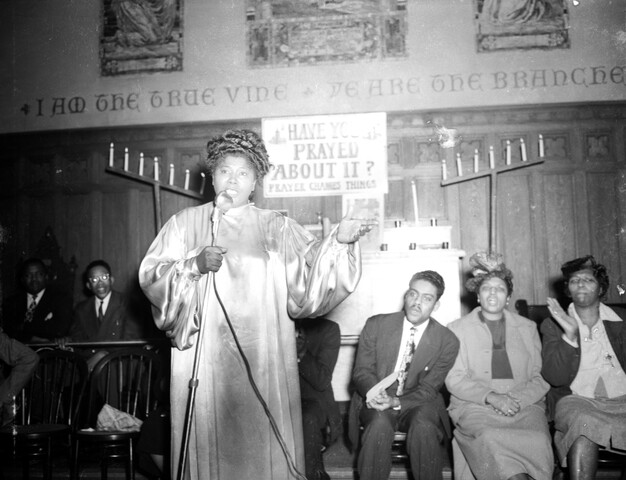 Mahalia Jackson singing at a church — circa 1949-02