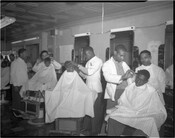 Interior of a barbershop. Three barbers cut the hair of three young men, with others observing.