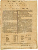Text from the Declaration of Independence printed in two columns, with the names of the signers in four columns beneath.