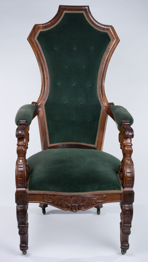 Rococo Revival armchair used for the nominating convention of the 1844 Whig Party in Baltimore. It was commissioned by subscription as a present for candidate Senator Henry Clay of Kentucky. “J Needles/MFtr” is carved on the right arm support and “Jas Minifie/del. & carver” is carved on the left arm support.