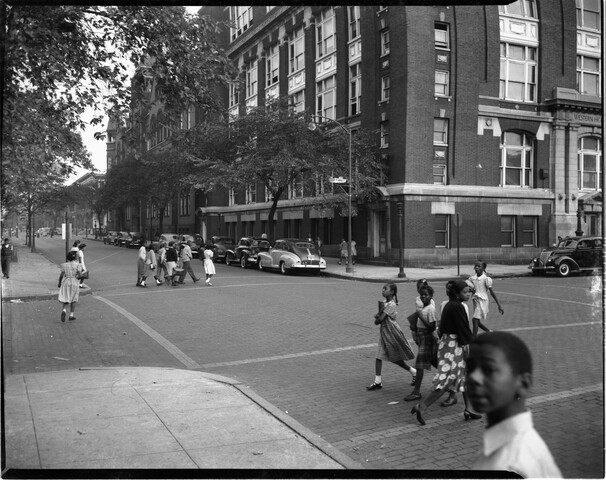 Children crossing the street outside Booker T. Washington Junior High School — circa 1948