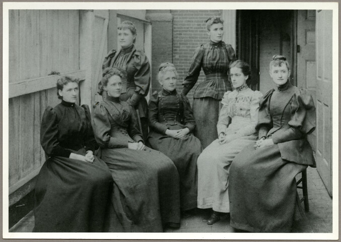 Group portrait of seven women including Emily Spencer Hayden — circa 1890