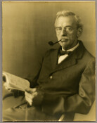 An undated portrait of Charles S. Hayden, husband of Baltimore, Maryland, photographer Emily Spencer Hayden. He is seated with a pipe in his mouth, holding an open book. Verso transcription: Charles S. Hayden husband of Emily Spencer Hayden