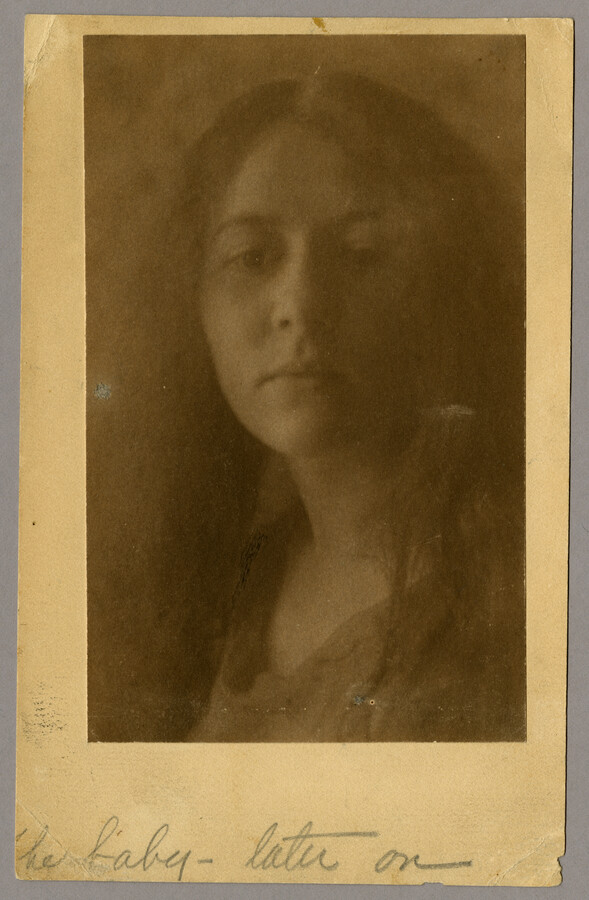 Portrait of Baltimore, Maryland, photographer Emily Spencer Hayden's daughter, Ruth Hayden Wanzer. On the mat beneath the print are the handwritten words: "the baby - later on." Verso transcription: 3 1/4" Base Standish Building, 367 Boylston St.,Boston
