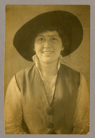 Portrait of Ruth Hayden (Wanzer) in hat and vest — circa 1920