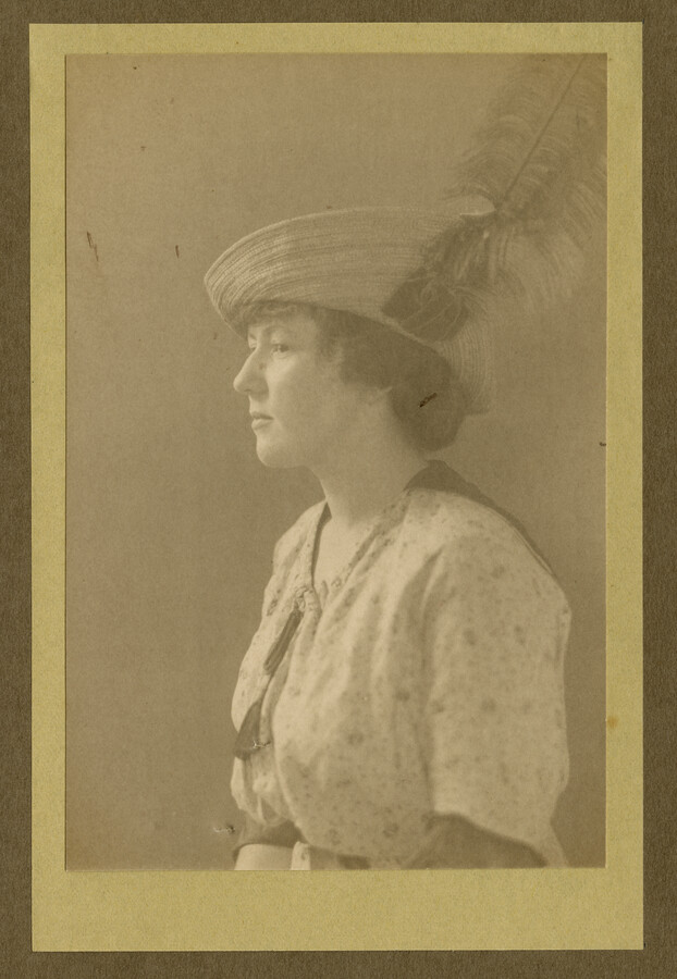Undated profile portrait of the Baltimore, Maryland, photographer Emily Spencer Hayden's eldest daughter Ruth wearing a hat adorned with a large feather. Verso transcription: Ruth Hayden