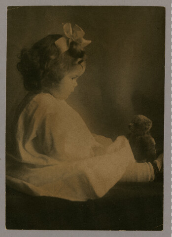 Portrait of Anna Bradford Hayden seated with teddy bear — circa 1905