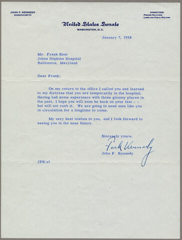 Letter from John F. Kennedy to Frank Kent — 1958-01-07
