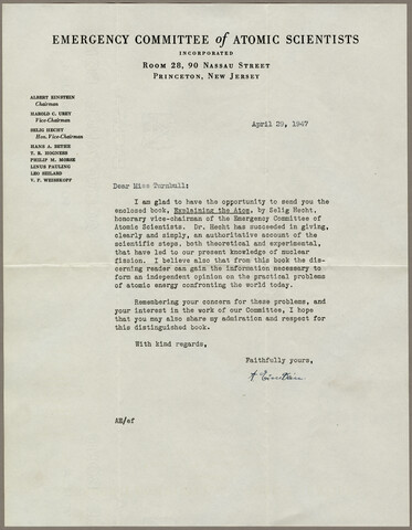 Letter from Albert Einstein to Francese Turnbull — 1947-04-29