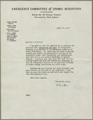 Letter from Albert Einstein to Francese Turnbull. The correspondence accompanied a copy of Selig Hecht's book "Explaining the Atom." The letter is written on Emergency Committee of Atomic Scientists Incorporated letterhead. Full transcription: April 29, 1947 Dear Miss Turnbull: I am glad to have the opportunity to send you the enclosed book, Explaining the Atom,…