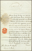 A license to plead allowing John Patrick Murphy, Esq. to plead on behalf of Philip Markey in a case of aggravated assault against his wife. The license has been granted by Queen Victoria and is stamped with her seal.