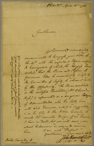 Letter from John Hancock to Baltimore Committee of Safety — 1776-04-16