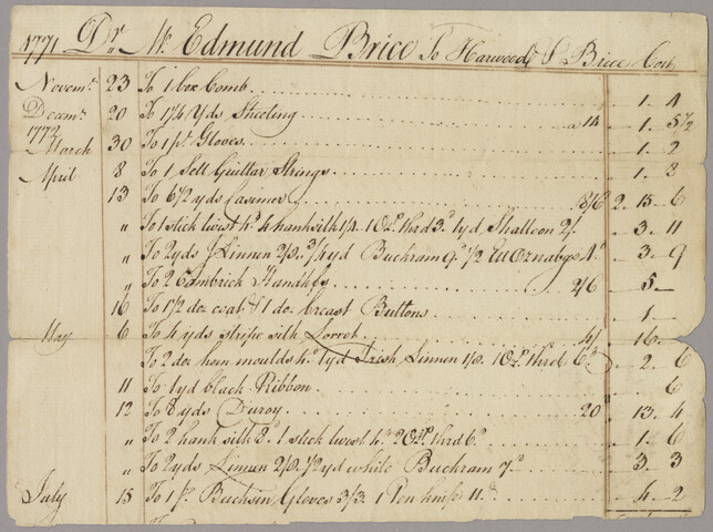 Invoice from Harwood & Brice to Mr. Edmund Brice — 1771-1772