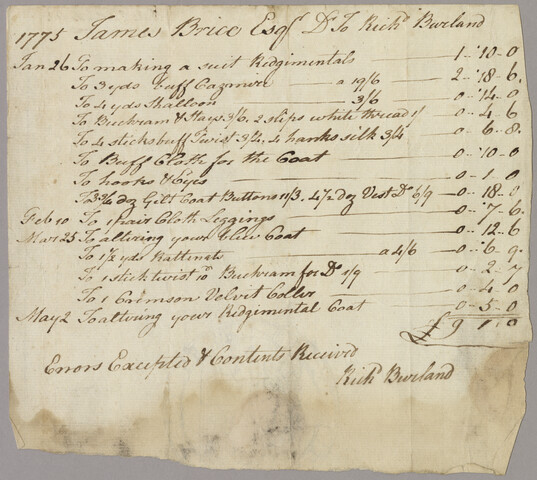 Invoice from Rich Burland to James Brice Esq. — 1775-01