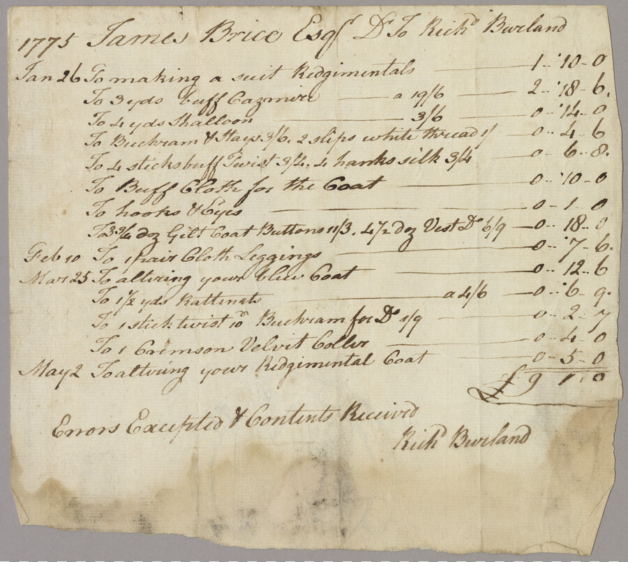 A handwritten bill from Rich Burland to James Brice Esq for fabric and tailoring services between January and May of 1775.