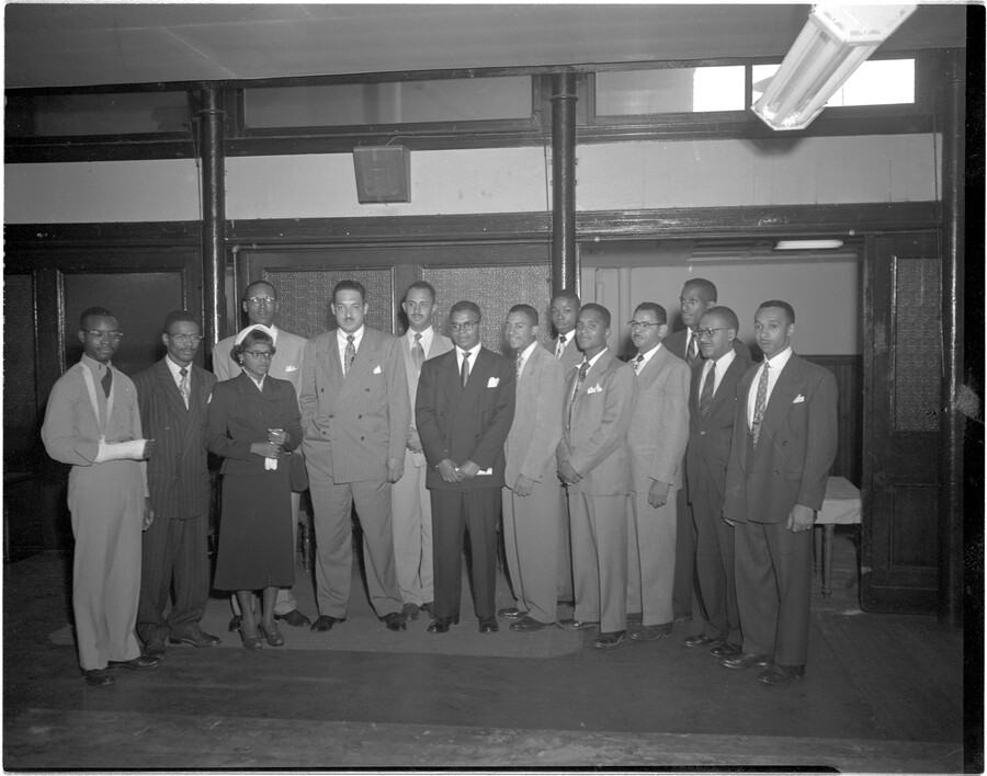 Group portrait of lawyers and litigants who battled University of Maryland's segregationist admissions policy. The photograph was taken at Sharp Street Church in Baltimore, Maryland, during the celebration held by the National Association of the Advancement of Colored People in honor of Thurgood Marshall. Included in the image are (right to left): Parren Mitchell (student,…