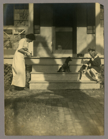 Ruth and Nan Hayden with cat and dog — circa 1913