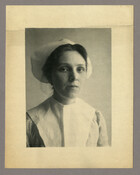Portrait of Emma Meecham in what is likely to be a nurses uniform. Verso transcription: Emma Meecham