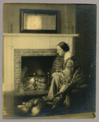 Portrait of Ada Struter and dog Brutus in the living room of Nancy's Fancy, the home of the Baltimore, Maryland, photographer Emily Spencer Hayden. Verso transcription: Ada Struter and Brutus - Nancy Fancy - Living Room