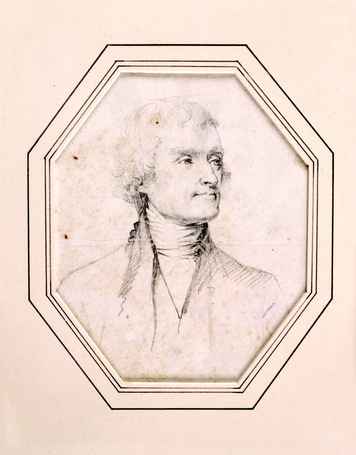Pencil on paper drawing of Thomas Jefferson (1743-1826), c. 1802, attributed to Benjamin Henry Latrobe (1764-1820). Latrobe began a correspondence with then Vice President Thomas Jefferson after his arrival in the United States in the late-1790s. He initially settled in Richmond, Virginia, and designed the Virginia Penitentiary Building before moving to Philadelphia, Pennsylvania. In 1803,…