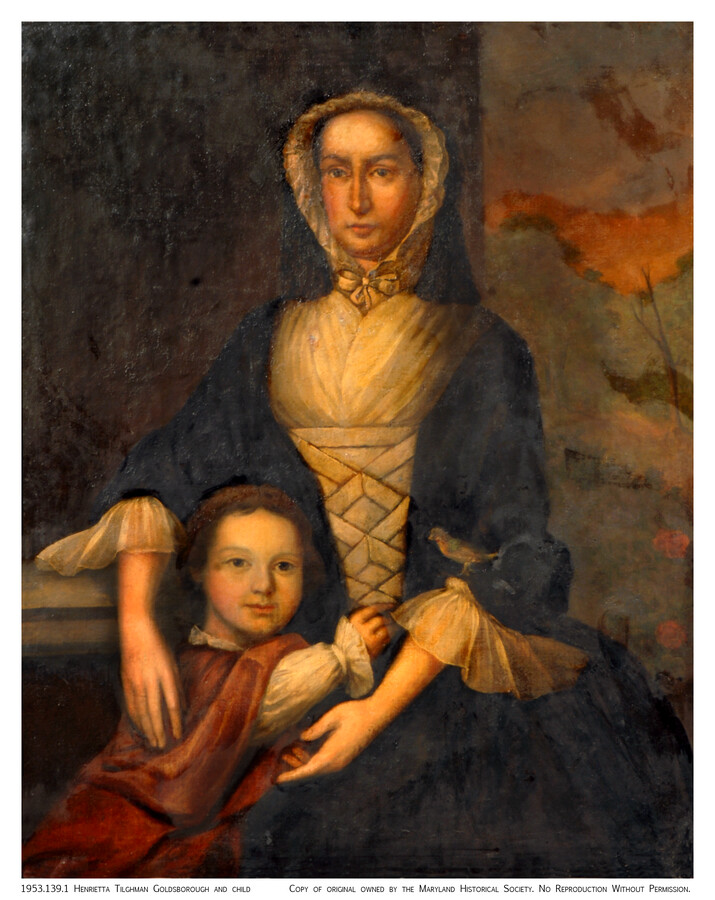 Three-quarter length seated portrait of Henrietta Maria Tilghman Goldsborough (Mrs. William Goldsborough) (1707-1771) and her grandson, Robins Chamberlain (1768-1773). Mrs. Goldsborough wears a white cap and fichu, a stomacher, and a blue dress, posed with bird perched on her left arm. The small boy standing at her side wears a red tunic and points to…