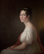 Half-length portrait of Frances Paca Baker Bordley (Mrs. John Beale Bordley) seated facing to the right but gazing at the viewer. She is wearing a white Romantic-style dress with a low, wide neckline and short gigot sleeves.