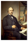 Three-quarter length seated portrait shows Arunah Shepherdson Abell (1806-1888) as a man with gray hair and moustache, wearing a gray-black coat, vest, and tie. He holds spectacles in his right hand, while his left hand holds a copy of the "Baltimore Sun." Other copies of newspapers, ledgers, and letters are also seen on the desk.…