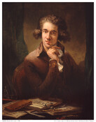 Half-length portrait shows Benjamin Henry Latrobe (1764-1820) as a young man with curly brown hair. His head is illuminated by a source of light while his chin rests on his hand. He wears a brown coat with a white stock. Paint, paper, brushes, glasses sit on the table in foreground.