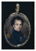 Miniature bust-length portrait of Commodore Joseph James Nicholson (1791-1838) by Anna Claypoole Peale (1791-1898). Nicholson wears blue military uniform with gold epaulettes and buttons, with blue and gold medallion on proper left chest.