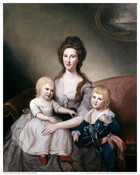 Group portrait of Mrs. Mary Gibson Tilghman (1766-1790) with sons William Gibson Tilghman (1785-1844) and John Lloyd Tilghman (1788-1831). The family is seated on a red sofa underneath a landscape painting. The woman has brown hair worn up except for two curls let down at each side. She wears a purple dress with a white…
