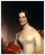Bust portrait shows Ann McKim Handy (Mrs. Samuel J.K. Handy) as a young woman with brown hair in ringlets and black headband. She wears a white dress with lace trim and yellow-gold shawl under red shawl. The daughter of John McKim, Jr. (1766-1842), one of the most prominent businessmen in Baltimore in first half of…