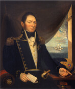 Oil on canvas portrait painting of "Commodore John Daniel Danels" (1782-1855), February 9, 1822, by Robert Street. Danels was born in Maine. He became a merchant sailor and earned his first command in 1811. Danels came to Baltimore and his voyages typically took place between Baltimore and Haiti. During the War of 1812, he was…