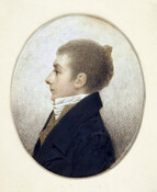 Watercolor on ivory miniature portrait painting of "William McParlin" (1780-1850), October 13, 1807, by David Boudon. McParlin (originally McFarland) was born in Loughbrickland, County Down, Ireland. He emigrated to Philadelphia, Pennsylvania, leaving behind his mother and sister, with two brothers to work and make money. In 1799, McParlin began working in Annapolis, Maryland, as an…