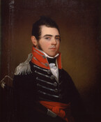 Oil on canvas portrait painting of "Captain John McHenry" (1791-1822), ca. 1820, by Philip Tilyard. John, born in Baltimore, was the son of Secretary of War James McHenry (1753-1816) and Margaret Allison Caldwell McHenry (1762-1833). His father was a military aide to General George Washington and General Marquis de Lafayette during the Revolutionary War, and…