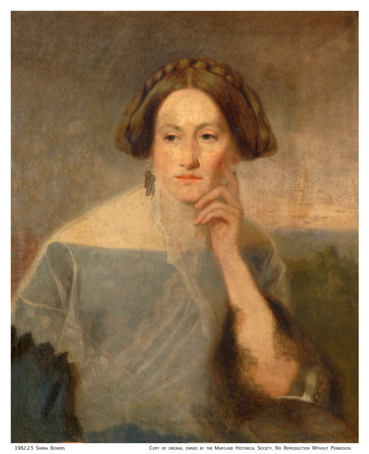 Oil on canvas portrait painting of "Sabina V. Bowers Beach" (1824-1896), 1865, by Edward Bowers. Sabina was born in Baltimore to John Henry Bowers (1764-1825) and Catherine Kohl Bowers (1782-1864). She married Baltimore lumber merchant Seth C. Beach (1823-1865) in 1849. Originally from Flint, Michigan, after the marriage, Seth moved their family back to his…