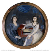 Miniature group portrait in a circular format. Interior scene shows two women seated before a pianoforte. The woman at left wears a hat with a blue bow and a dark blue dress and holds a letter in her hand. The woman at right wears a white dress with pink flower at breast and red and…