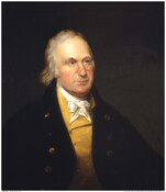 Bust-length seated portrait of General John Eager Howard (1752-1827) attributed to Rembrandt Peale (1778-1860). Howard is portrayed with long white hair wearing a yellow waistcoat with a white ascot under a black coat with six large gold buttons.