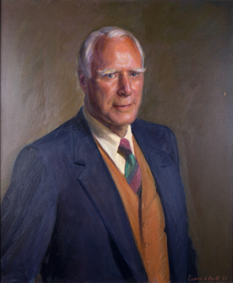 Portrait painting features Leonard Carter Crewe, Jr. (1908-1992) in blue jacket, tan vest, and multicolored tie. Born in Tennessee, Crewe graduated from Lehigh University before settling in Baltimore as a Assistant Superintendent of the wire and rod mill at Bethlehem Steel in Sparrow's Point. From 1943-1947, he moved to Massachusetts in pursuit of other employment…
