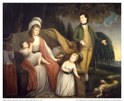 Group portrait shows Alexander Contee Hanson, Sr (1749-1806) with his family seated outdoors. His wife, Rebecca Howard Hanson (c.1760-1806) holds the infant Alexander Hanson, Jr (1786-1819) in her lap with her right arm while their older son, George Hanson (b.1784) stands and plays with a dog. An enslaved African American girl wearing a headband, a…