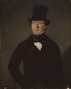 Half-length portrait of Dr. Thomas Edmondson (1806-1856) by Richard Caton Woodville (1825-1855). Edmondson stands with hand on hip, wearing top hat, black coat, blue stock, and white shirt.