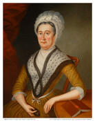 Portrait of Elizabeth North Johnston as an older woman with gray hair worn under a white bonnet. She wears a white fichu, an ornate cape, and a white waist ribbon over a yellow dress with white lace cuffs at the ends of her three-quarter sleeves. She holds a small snuff box or memento in her…