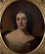 Bust-length portrait of Emily Louisa Hinton Harper (1812-1892) Her brown hair is parted in center and she wears a black lace headpiece. She wears low cut white gauzy dress and a fur stole.