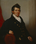 Half-length portrait shows John Diffenderffer (1775-1835) with tousled brown hair, wearing double-breasted blue jacket with gold buttons and white vest and stock.