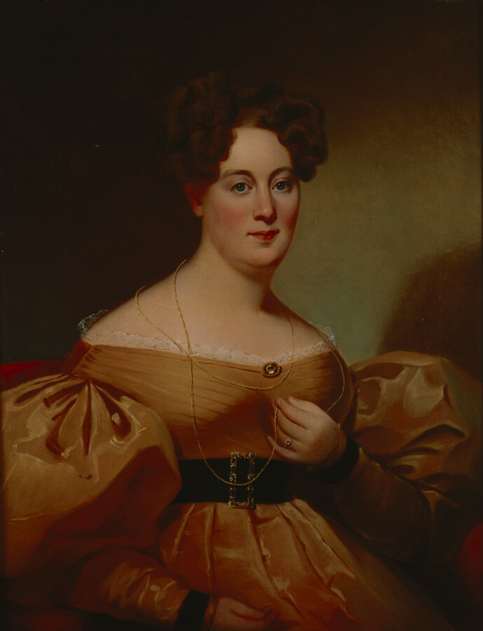 Oil on canvas portrait painting of Catherine Rosalba Cave Diffenderffer (1799-1874), 1833, by Jacob Eichholtz (1776-1842). Catherine was born in Virginia and married John Diffenderfer (1775-1835)in Baltimore, Maryland, in 1823. The couple had five children. She is buried in Baltimore Cemetery. Diffenderffer wears the popular gigot or leg-of-mutton style sleeve of the 1830s.
