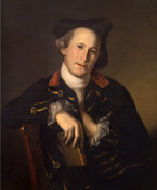 Half-length portrait depicting Mordecai Gist (1742-1792) by Charles Wilson Peale (1741-1827). Gist is posed seated in a side chair holding book in right hand, with his left hand inside his jacket. He wears a tricornered hat and Revolutionary War uniform of blue coat with gold braid and red collar. Gist was an accomplished merchant, sailor,…