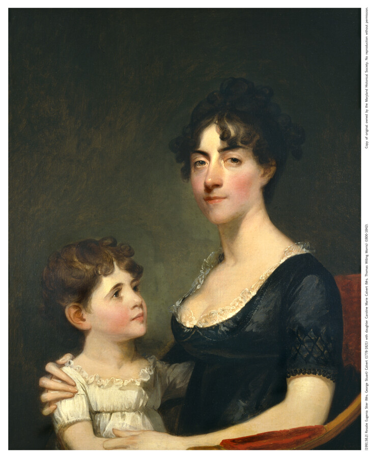 Half-length group portrait of Rosalie Eugenia Stier Calvert (Mrs. George Stuart Calvert) (1778-1821) and her daughter, Caroline Marie Calvert (Mrs. Thomas Willing Morris, 1800-1842). Mrs. Calvert is seated facing the left of the composition while her daughter sits on her lap, facing her and looking up towards her face. The woman has dark brown upswept…