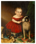 Full-length portrait of Helen Sinclair Owens (Mrs. Leonidas Cecil) as a small child with blonde hair wearing a red velvet dress and playing with a dog. She holds peppermint candy in her hand which the dog is licking and stands on a floral patterned carpet. A toppled chair and more fine fabrics can be seen…